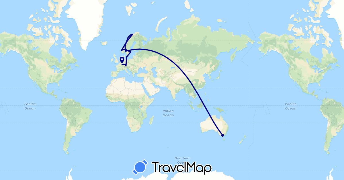 TravelMap itinerary: driving in Australia, Germany, Denmark, Luxembourg, Norway, Sweden (Europe, Oceania)
